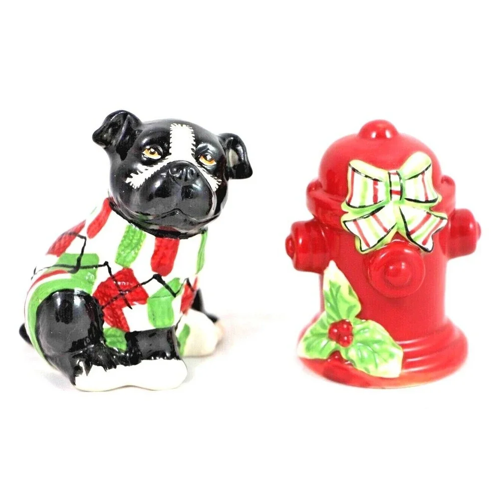 Christmas Salt Pepper Mingle Jingle Black White Dog Fire Hydrant Boston Terrier